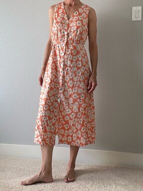 Oysho Sleeveless Coral Floral Button-Front Midi Dress sz S